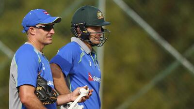 Austalian Consultant Mike Hussey and Shane Watson of Australia look on during an Australian nets session ahead of the ICC 2016 Twenty20 World Cup on March 16, 2016 in Dharamsala, India. (Photo by Ryan Pierse/Getty Images)