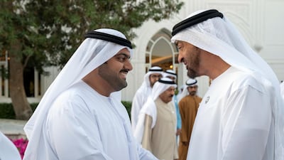 Sheikh Mohamed bin Zayed greets Sheikh Mohamed bin Hamad Al Sharqi, Crown Prince of Fujairah, during a Sea Palace barza. Ryan Carter / Ministry of Presidential Affairs