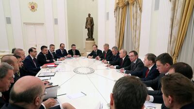 Russian President Vladimir Putin and his Turkish counterpart Tayyip Erdogan attend Russia-Turkey talks in an expanded format at the Kremlin in Moscow. Reuters