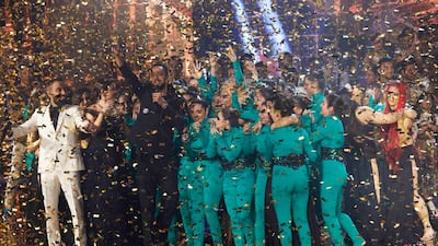 Lebanese dance crew Mayyas with their choreographer Nadim Cherfan (in black), after their ‘Arabs Got Talent’ win. Courtesy MBC