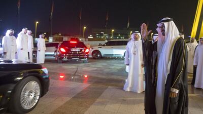 Sheikh Mohammed bin Zayed, Crown Prince of Abu Dhabi Deputy Supreme Commander of the Armed Forces, (R) bids farewell to guests after the 44th UAE National Day celebrations at Zayed Sports City. Mohamed Al Hammadi / Crown Prince Court - Abu Dhabi