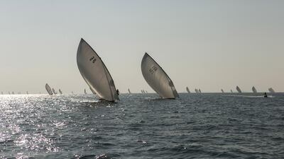 Dhows at the second round of the Traditional 43ft Dhow Sailing Championship organized by Dubai International Marine Club. Reem Mohammed / The National 