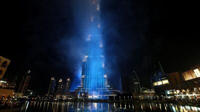 The Burj Khalifa turns blue for the Expo victory. Christopher Pike / The National