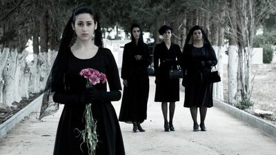 Badia, played by Maria Zreik, and her aunts in a scene from Suha Arraf’s Villa Touma. Courtesy Venice International Film Critics’ Week