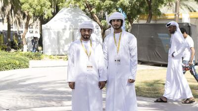 Saed Al Bastaki, left, and Sultan Saif Al Suwaidi, members of the See in Sea team, at the UAE Drones for Good competition. Reem Mohammed / The National