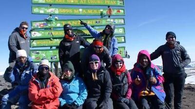 Climbers with Gulf for Good, a UAE charity, reach the summit of Mt Kilimanjaro, the highest point in Africa, last week. The group raises money for the Hanne Howard Fund, which cares for 130 vulnerable children in Lenana, a slum community in Nairobi, Kenya. Photo courtesy Gulf for Good Charity