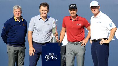 From left: R&A chief executive, Martin Slumbers, Nick Faldo of England, Henrik Stenson of Sweden and Ernie Els of South Africa pose with the Claret Jug on the first hole during a practice round prior to the 146th Open Championship at Royal Birkdale on July 18, 2017 in Southport, England. Andrew Redington/Getty Images