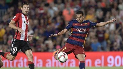 Barcelona forward Pedro shown during the Spanish Super Cup against Athletic Bilbao on Monday at the Camp Nou. Josep Lago / AFP / August 17, 2015