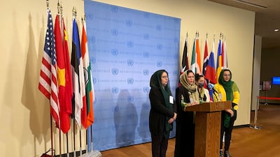 Former Afghan diplomat Asila Wardak, former Afghan politician and peace negotiator Fawzia Koofi, Afghan journalist Anisa Shaheed and former Afghan politician, Naheed Fareed speak to reporters outside the UN Security Council, in New York. Reuters