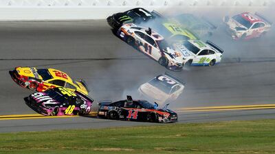 A multi-car crash during Nascar series Busch Clash race at Daytona International Speedway, Florida, on Sunday February 9. The race was eventually won by Erik Jones. AP
