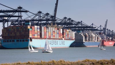Container ships docked at the Port of Felixstowe in England. Britain called for net zero global shipping emissions by 2050 earlier this week. Getty Images
