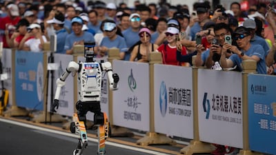 A humanoid robot at the start of the Beijing E-Town Half Marathon and Humanoid Half Marathon in China. Getty Images
