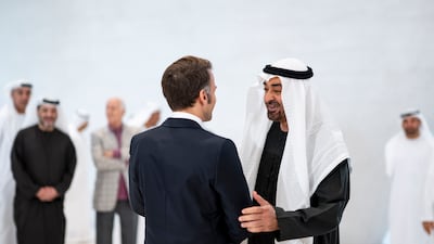 President Sheikh Mohamed with Emmanuel Macron. Abdulla Al Bedwawi / UAE Presidential Court