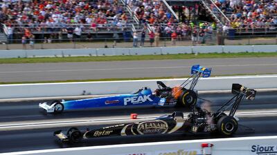 Khalid Al Balooshi, near lane, races TJ Zizzo in the first round of eliminations at Sunday’s Lucas Oil NHRA Nationals in Brainerd, Minnesota. Courtesy of Gary Nastase