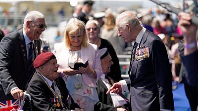 Britain's King Charles meets D-Day and Normandy veterans after a commemorative event for the 80th anniversary of the battle. AP