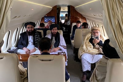 Abdul Qahar Balkhi, centre, Taliban spokesman for Afghan Foreign Ministry, leading a delegation to Brussels in June. AFP