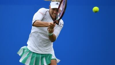 EASTBOURNE, ENGLAND - JUNE 28: Angelique Kerber of Germany in action during her victory over Kristyna Pliskova of Czech Republic on Day 4 of the Aegon International Eastbourne tournament at Devonshire Park on June 28, 2017 in Eastbourne, England. (Photo by Mike Hewitt/Getty Images)