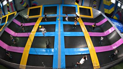 The Dodgeball court at Bounce Inc. has 16 of the facility's 80 trampolines for two teams to compete on at the indoor trampoline center in Al Quoz in Dubai, February 15, 2015. Jeff Topping / For The National