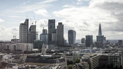 Skyscrapers including, from left, the Heron Tower, the Leadenhall building, also known as the 'Cheesegrater,' Tower 42, 20 Fenchurch Street, also known as the 'Walkie-Talkie', and The Shard stand in this view from the rooftop running track of the White Collar Factory in London, U.K., on Monday, Sep. 11, 2017. Asian investors are paying record prices for London office buildings after the devaluation of the pound in the wake of last year's Brexit vote. Photographer: Jason Alden/Bloomberg