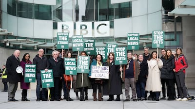 Members of National Union of Journalists protest against changes to local radio programming at Broadcasting House in central London. PA