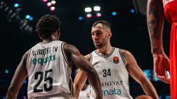 Dubai Basketball's Kenan Kamenjas and McKinley Wright during their 102-86 EuroLeague win against Crvena Zvezda.
