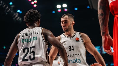 Dubai Basketball's Kenan Kamenjas and McKinley Wright during the 102-86 EuroLeague win against Crvena Zvezda.