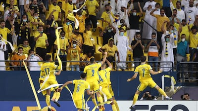 Nassr players during the AFC Champions League quarter-final win against Al Wahda at the Mrsool Park Stadium in Riyadh. AFP