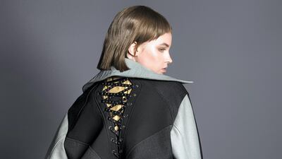 In the new Predation collection by Hussein Bazaza, lacing literally provides backbone for the wearer. Courtesy Hussein Bazaza