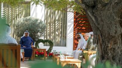 Sheikh Mohammed bin Rashid, Vice President and Ruler of Dubai, and Sheikh Mohamed bin Zayed, Crown Prince of Abu Dhabi and Deputy Supreme Commander of the Armed Forces, meet in Dubai on Monday. Courtesy: Sheikh Mohammed bin Rashid Twitter