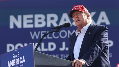 Former US president Donald Trump speaks to supporters at a rally for farming executive Charles Herbster running in the Nebraska gubernatorial race. AP