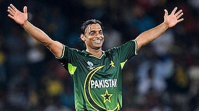 Shoaib Akhtar celebrates taking a wicket against Sri Lanka earlier in the World Cup. He will retire after the tournament.