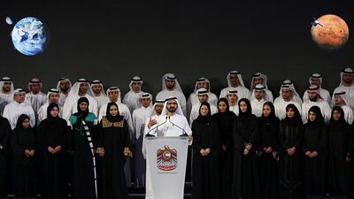 Sheikh Mohammed bin Rashid, Vice President of UAE and Ruler of Dubai, centre, announces plans for the Emirates Mars Mission. The name of the probe is Amal or Hope Kamran Jebreili / AP Photo