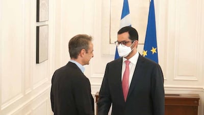 Dr Sultan Al Jaber, Minister of Industry and Advanced Technology, right, with Kyriakos Mitsotakis, prime minister of Greece, during his visit to Athens. All photos: Wam