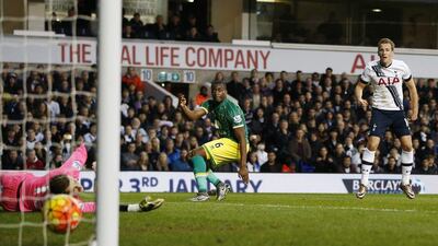Spurs striker Harry Kane scores their second goal on Saturday against Norwich City in their Premier League victory. Paul Childs / Action Images / Reuters