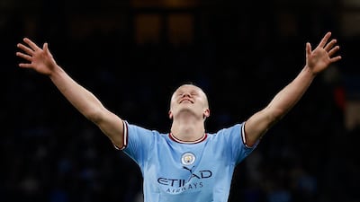 Erling Haaland celebrates after his Premier League record-breaking goal for Manchester City against West Ham United at the Etihad Stadium on May 4, 2023. Reuters