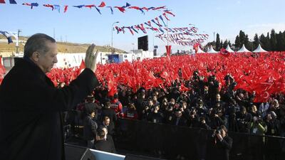 Turkey's President Recep Tayyip Erdogan addresses his supporters in Istanbul, Saturday, Jan. 21, 2017. Erdogan started campaigning for constitutional reforms that would greatly expand the powers of his office on Saturday, hours after a vote in parliament cleared the way for a national referendum on the issue. (Kayhan Ozer/Presidential Press Service, Pool Photo via AP