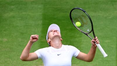 Romania's Simona Halep celebrates winning her quarter-final match against Amanda Anisimova of the US. Reuters