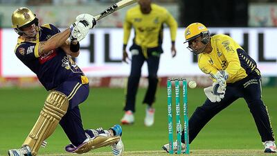 Kevin Pietersen of Quetta Gladiators plays a shot during their match against Peshawar Zalmi during their Pakistan Super League match on Saturday at the Dubai International Cricket Stadium. Satish Kumar / The National
