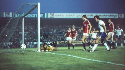 Norway goalkeeper Tore Antonsen makes a save on their way to a famous victory over England in Oslo in 1982. Colorsport/Shutterstock