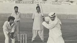 Abdulrahman Bukhatir plays cricket in Sharjah Cricket Stadium in the early 1980s. Photo: Dr Safa Bukhatir