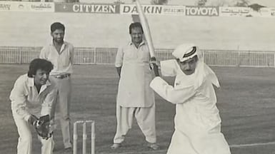 Abdulrahman Bukhatir plays cricket in Sharjah Cricket Stadium in the early 1980s. Photo: Dr Safa Bukhatir
