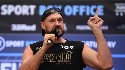 British Boxer Tyson Fury speaks during the Weigh-In for the Fury v Whyte fight at Wembley Box Park in London, Britain, 22 April 2022. Tyson Fury and Dillian Whyte fight on 23 April 2022 at Wembley Stadium for the WBC and The Ring heavyweight championship belts. EPA / NEIL HALL