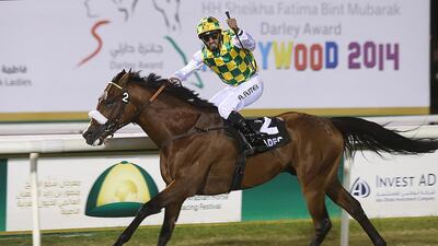 Emirati jockey Ahmed Ajtebi was aboard Areem when they won the UAE National Day Cup race on Sunday in Abu Dhabi. Delores Johnson / The National