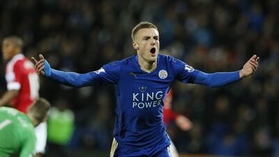 Jamie Vardy celebrates scoring for Leicester City against Manchester United to break a record after scoring in 11 consecutive Premier League games. John Sibley / Reuters