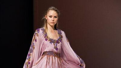 A model wearing pieces from the designer Wafa Al Kathiri’s Malikat Allail Spring/Summer 2012 collection at Dubai Fashion Week.