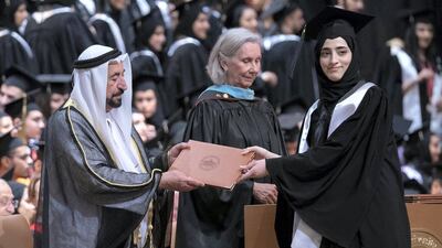 Sheikh Dr Sultan bin Muhammad Al Qasimi, Ruler of Sharjah and president of the American University of Sharjah, congratulates students on their graduation and hands them their degrees during their graduation ceremony on Saturday .Wam