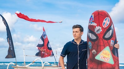 Tom Holland, in a navy bowling shirt, attends a for 'Spider-Man: Far From Home' photocall in Bali, Indonesia on May 28, 2019. Getty Images