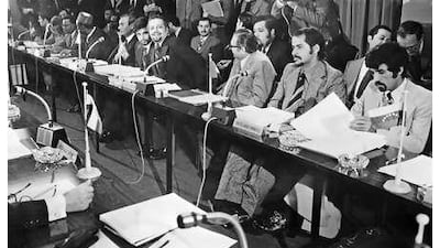 The Saudi delegation led by the kingdom's oil minister, Sheikh Ahmed Zaki Yamani, seated fourth from right, at the OPEC conference in Vienna on March 16, 1974.