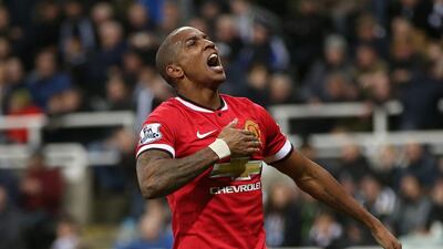 Manchester United midfielder Ashley Young celebrates scoring the opening goal of the English Premier League match against Newcastle at St James Park on March 4, 2015. AFP PHOTO / IAN MACNICOL