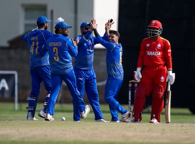UAE's Mohammed Jawadullah celebrates a wicket against Canada in the Cricket World Cup League Two at the Forfarshire Cricket Club in Dundee. Cricket Scotland